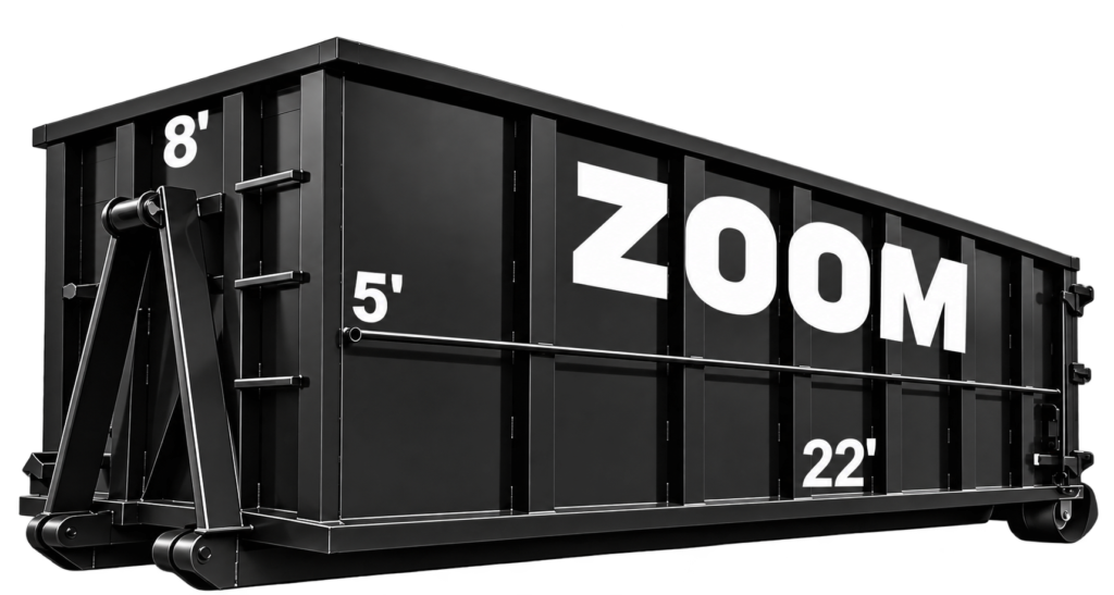 Black Dumpster with Bold ZOOM Markings